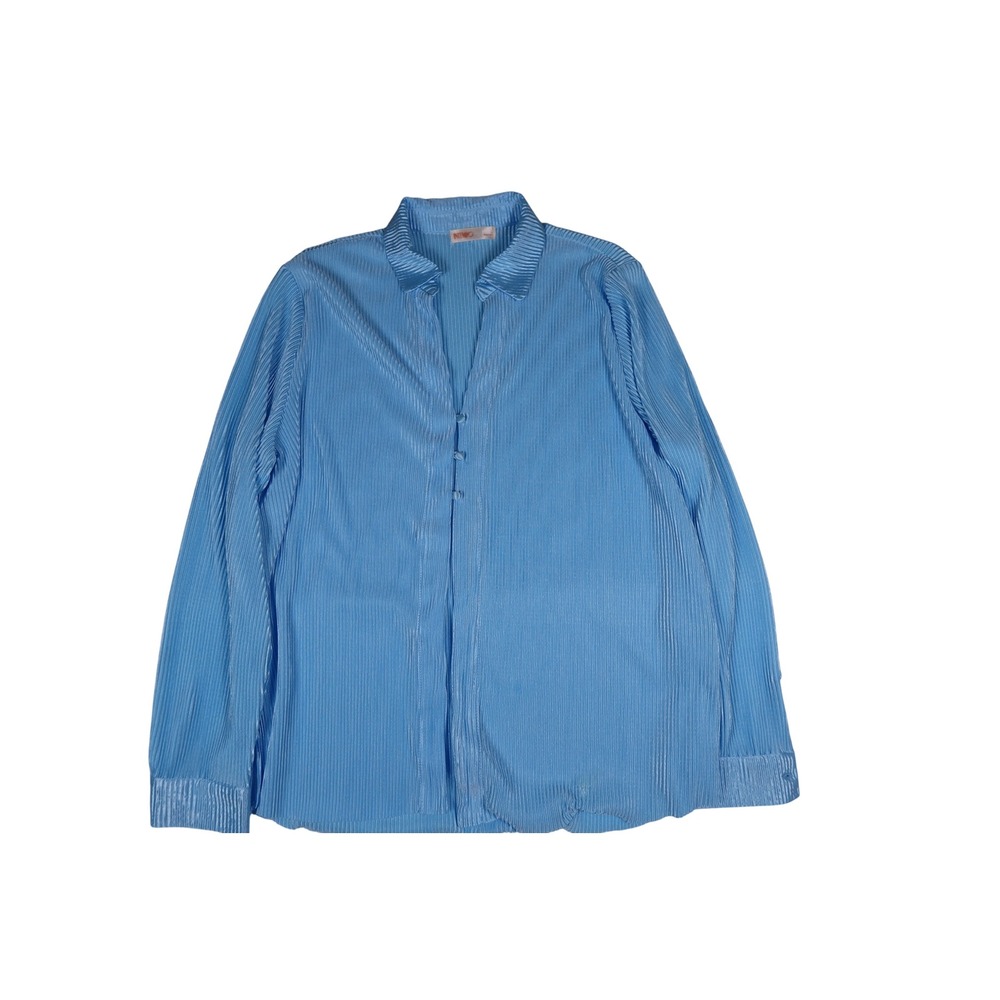 Intempo Women Blue Pleated Plisse Button Up Blouse Long Sleeve Size L Excellent